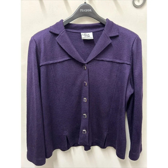 Vtg Mita Women Cardigan Knit Jacket‎ L Purple 90s Gold Buttons Peplum - Picture 1 of 8